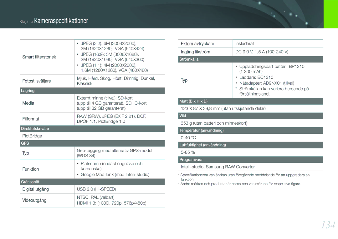 Samsung EV-NX11ZZBABDK, EV-NX11ZZBABSE, EV-NX11ZZBBBSE manual 134 