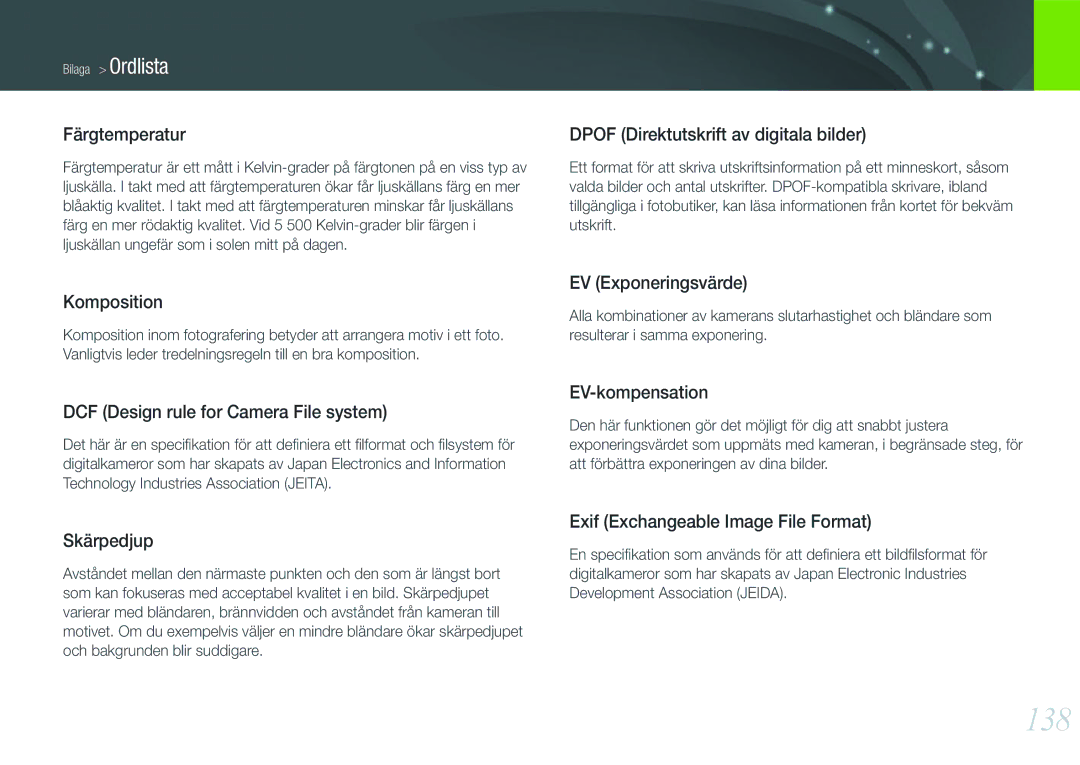 Samsung EV-NX11ZZBABSE, EV-NX11ZZBABDK, EV-NX11ZZBBBSE manual 138, Färgtemperatur 