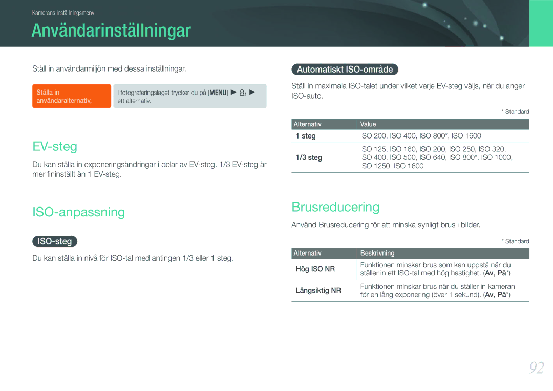 Samsung EV-NX11ZZBABDK manual Användarinställningar, ISO-anpassning, Brusreducering, Automatiskt ISO-område, ISO-steg 