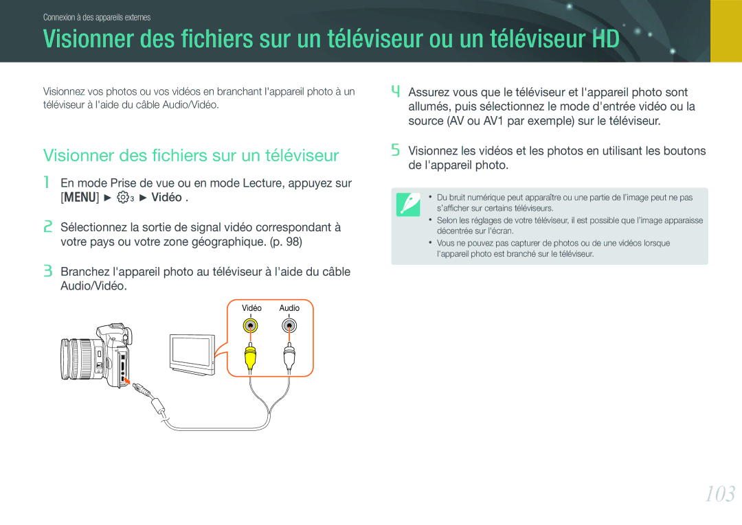 Samsung EV-NX11ZZBABFR manual Visionner des ﬁchiers sur un téléviseur ou un téléviseur HD, 103 