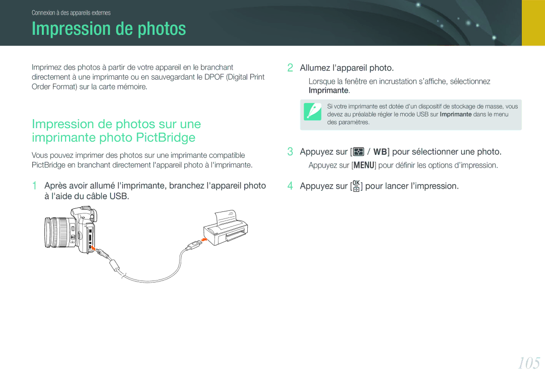 Samsung EV-NX11ZZBABFR manual 105, Impression de photos sur une imprimante photo PictBridge 