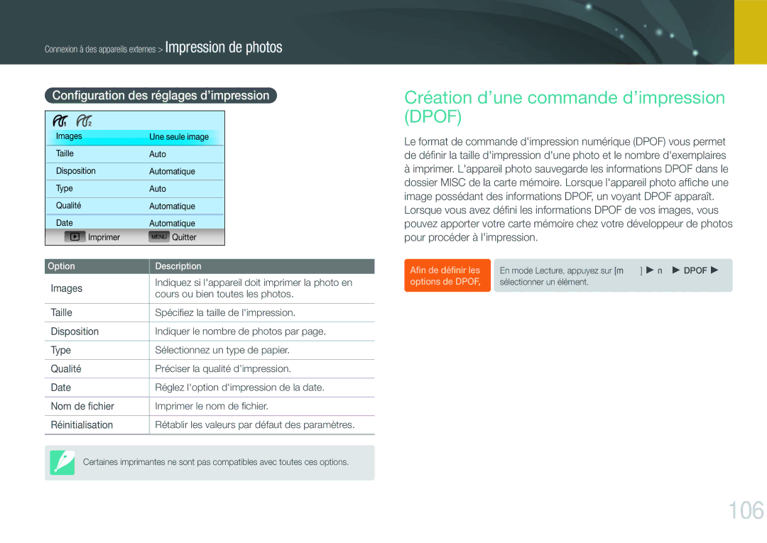 Samsung EV-NX11ZZBABFR manual 106, Création d’une commande d’impression Dpof, Conﬁguration des réglages d’impression 