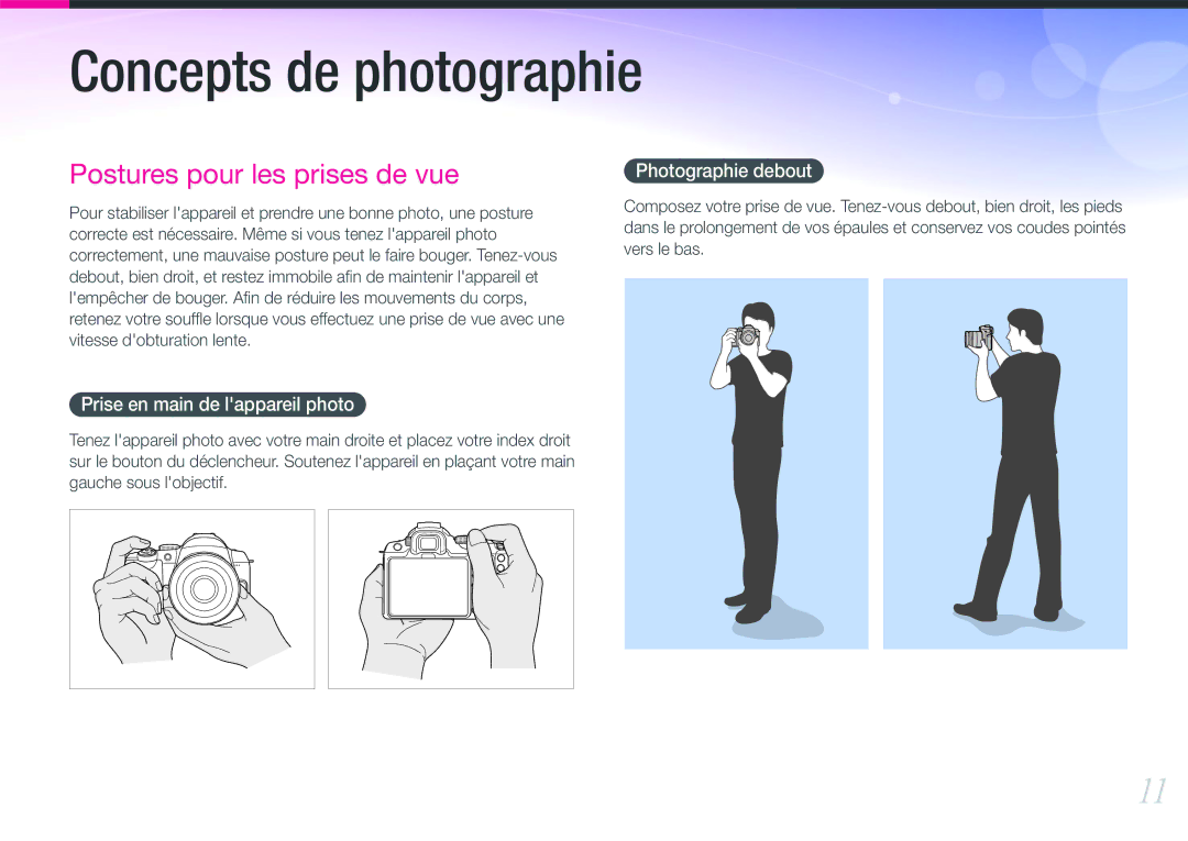 Samsung EV-NX11ZZBABFR manual Concepts de photographie, Prise en main de lappareil photo 
