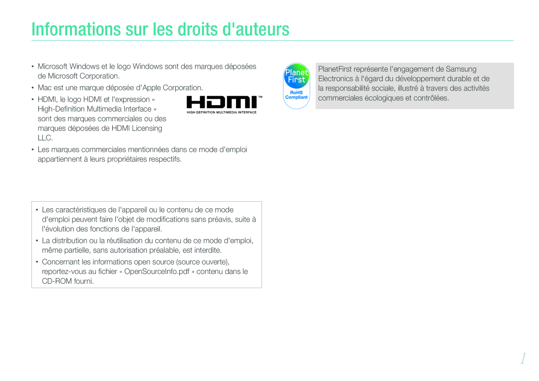 Samsung EV-NX11ZZBABFR manual Informations sur les droits dauteurs 