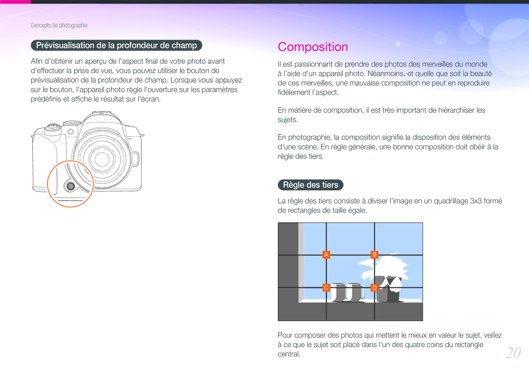 Samsung EV-NX11ZZBABFR manual Prévisualisation de la profondeur de champ, Règle des tiers 