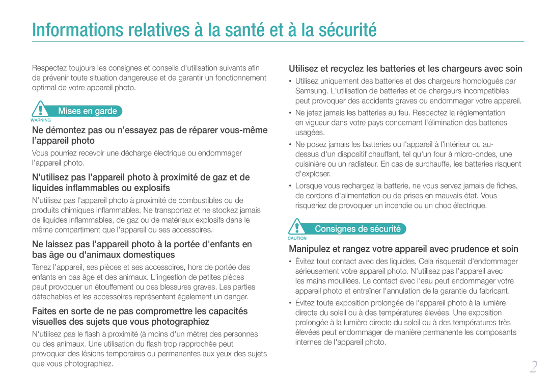 Samsung EV-NX11ZZBABFR manual Mises en garde, Consignes de sécurité 