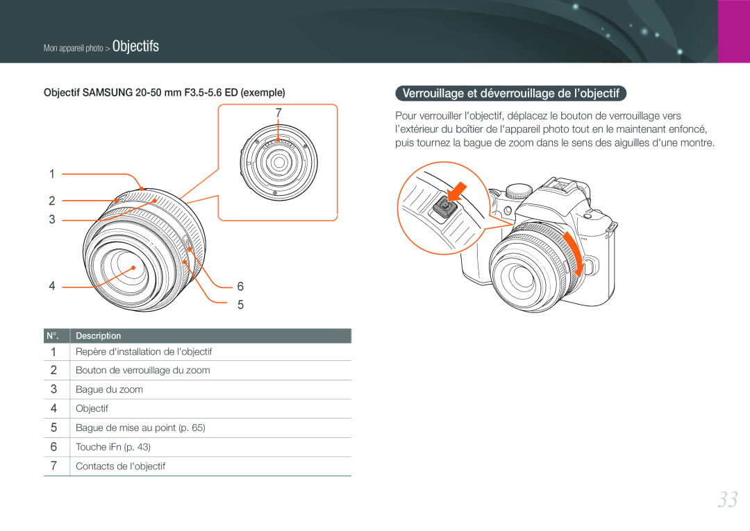 Samsung EV-NX11ZZBABFR manual Verrouillage et déverrouillage de l’objectif, Objectif Samsung 20-50 mm F3.5-5.6 ED exemple 