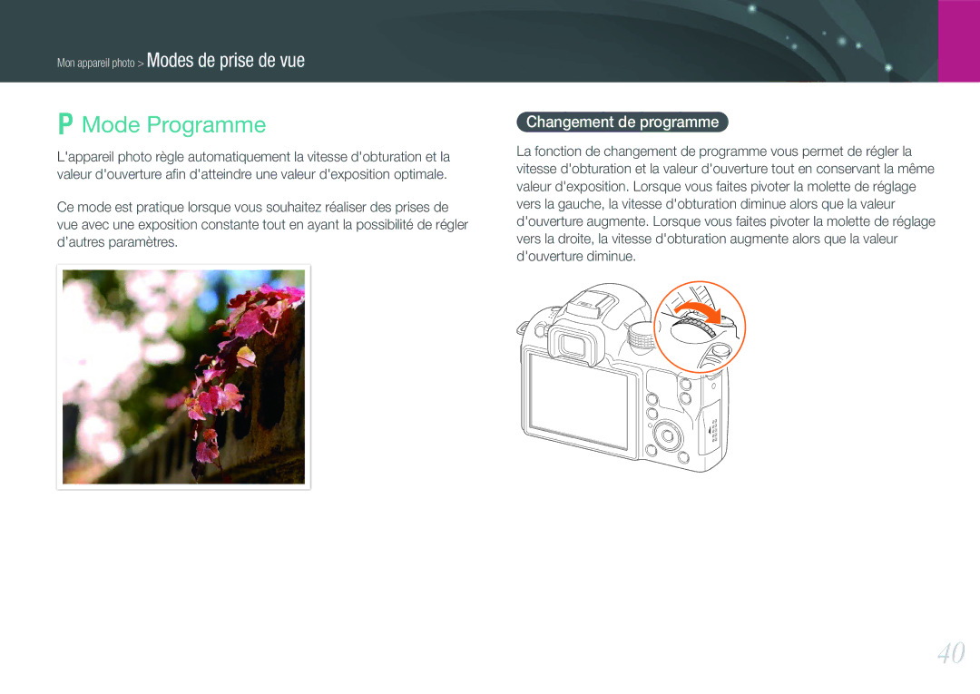 Samsung EV-NX11ZZBABFR manual Mode Programme, Changement de programme 