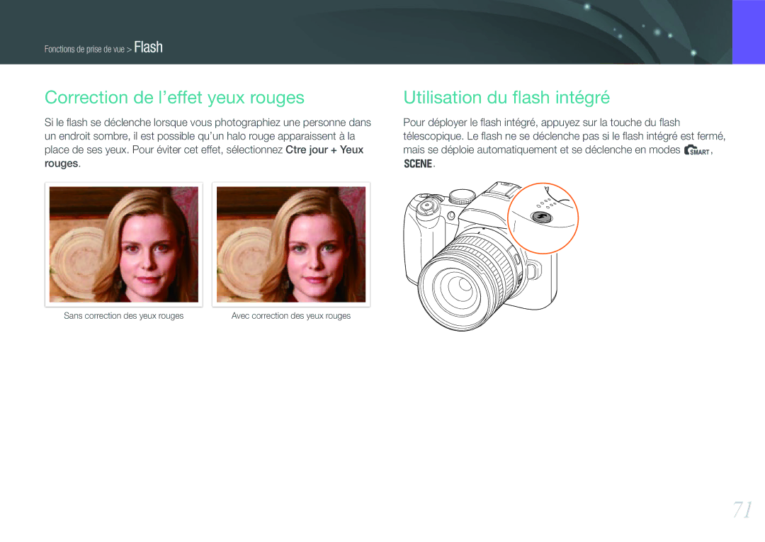 Samsung EV-NX11ZZBABFR manual Correction de l’effet yeux rouges, Utilisation du ﬂash intégré 