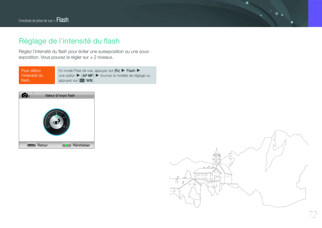 Samsung EV-NX11ZZBABFR manual Réglage de l’intensité du ﬂash, Pour déﬁnir lintensité du ﬂash 