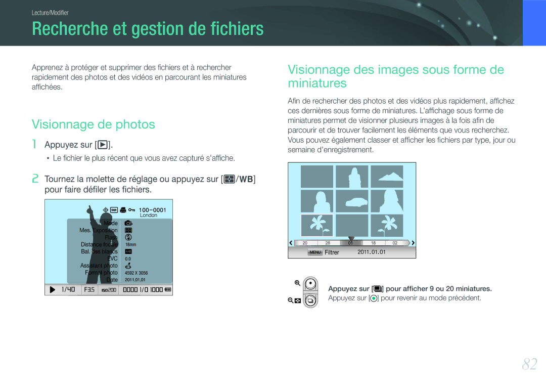 Samsung EV-NX11ZZBABFR manual Visionnage de photos, Visionnage des images sous forme de miniatures 