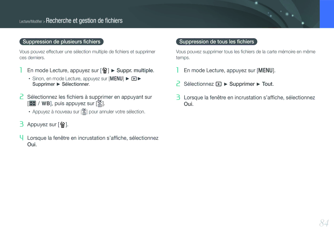 Samsung EV-NX11ZZBABFR manual Suppression de plusieurs ﬁchiers, Suppression de tous les ﬁchiers 