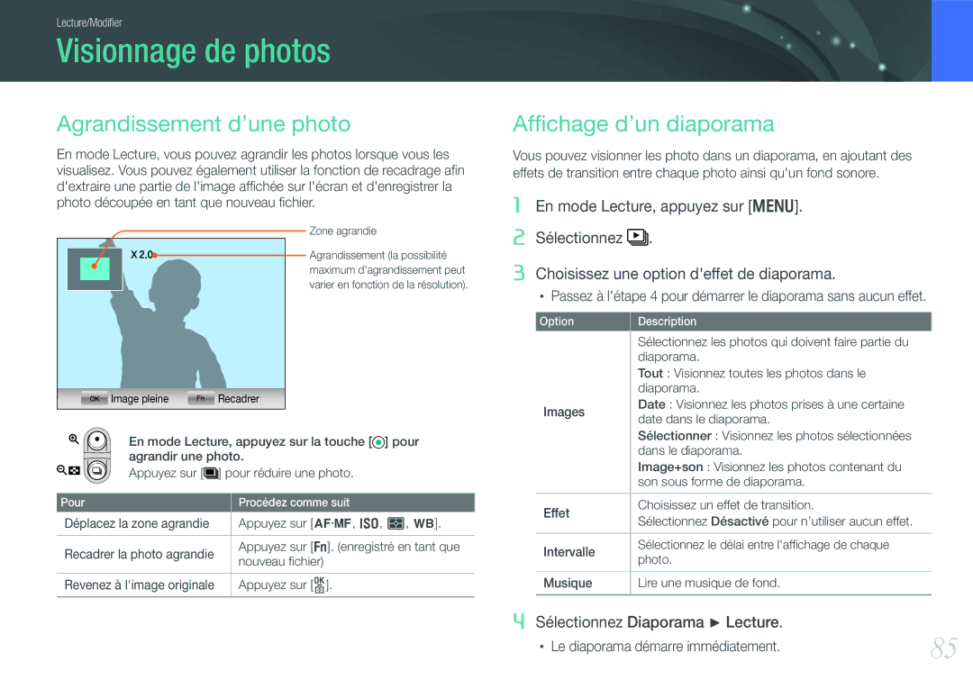 Samsung EV-NX11ZZBABFR manual Visionnage de photos, Agrandissement d’une photo, Afﬁchage d’un diaporama 