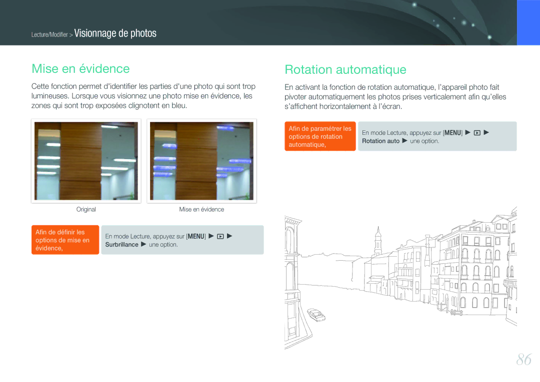 Samsung EV-NX11ZZBABFR manual Mise en évidence, Rotation automatique 