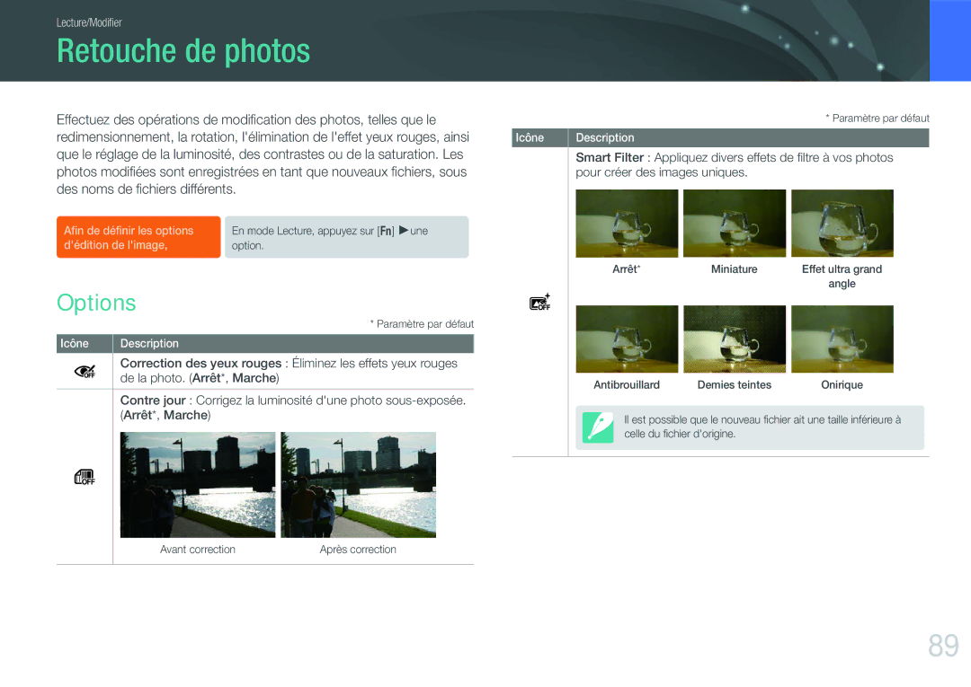 Samsung EV-NX11ZZBABFR manual Retouche de photos, Options 