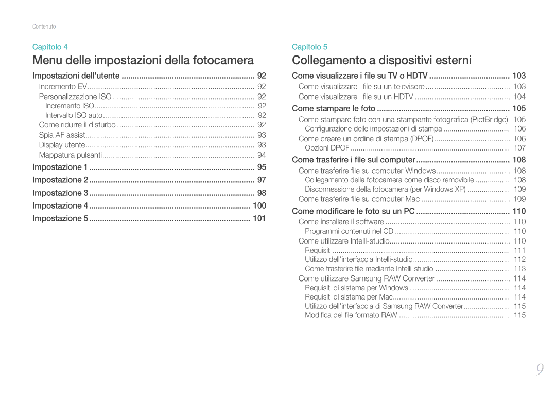 Samsung EV-NX11ZZBABIT manual Menu delle impostazioni della fotocamera 