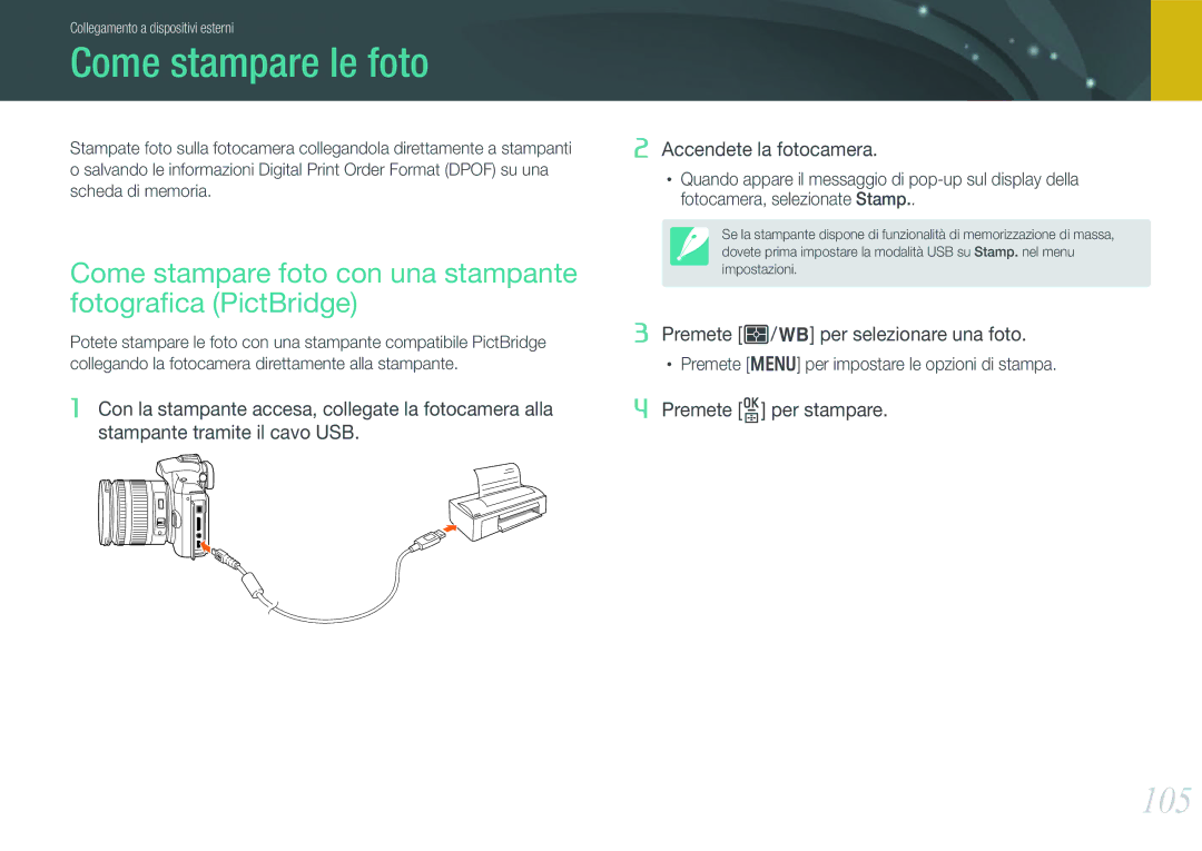 Samsung EV-NX11ZZBABIT manual Come stampare le foto, 105, Come stampare foto con una stampante fotograﬁca PictBridge 