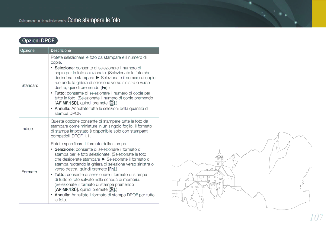 Samsung EV-NX11ZZBABIT manual 107, Opzioni Dpof, Standard, Destra, quindi premendo f, Le foto 