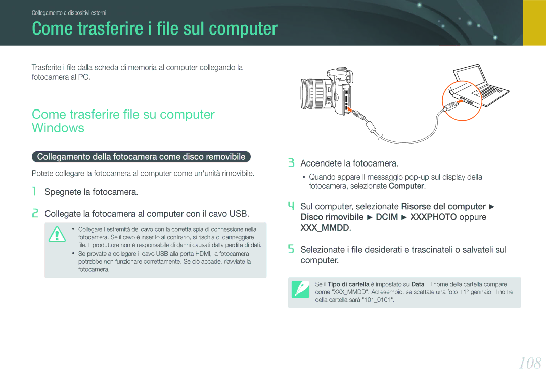 Samsung EV-NX11ZZBABIT 108, Come trasferire ﬁle su computer Windows, Collegamento della fotocamera come disco removibile 