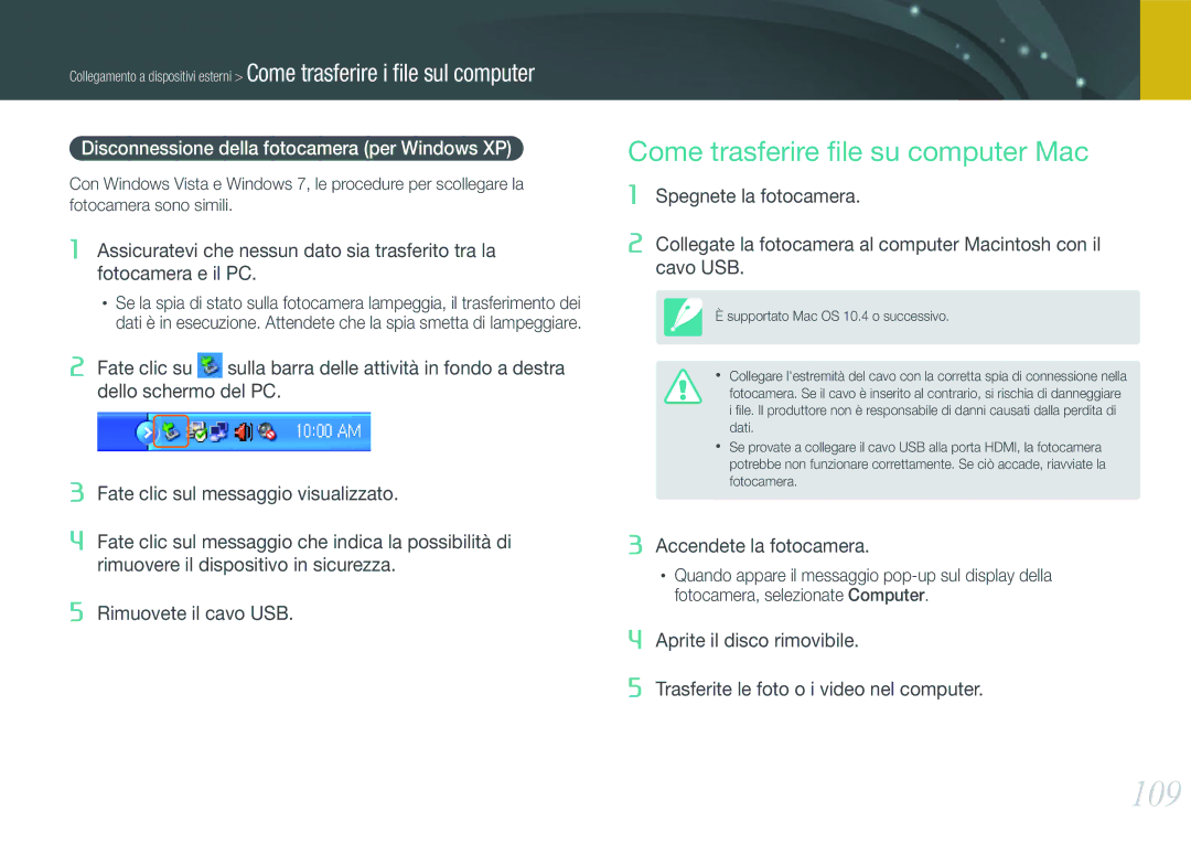Samsung EV-NX11ZZBABIT manual 109, Come trasferire ﬁle su computer Mac, Disconnessione della fotocamera per Windows XP 