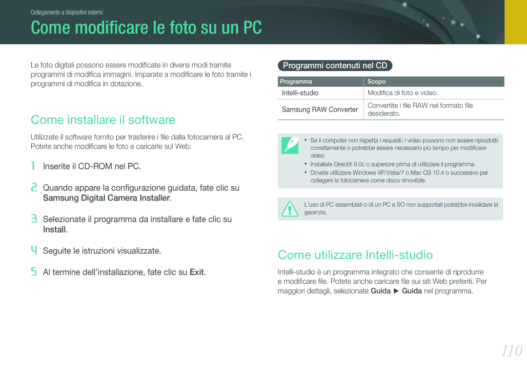 Samsung EV-NX11ZZBABIT manual 110, Come installare il software, Come utilizzare Intelli-studio, Programmi contenuti nel CD 