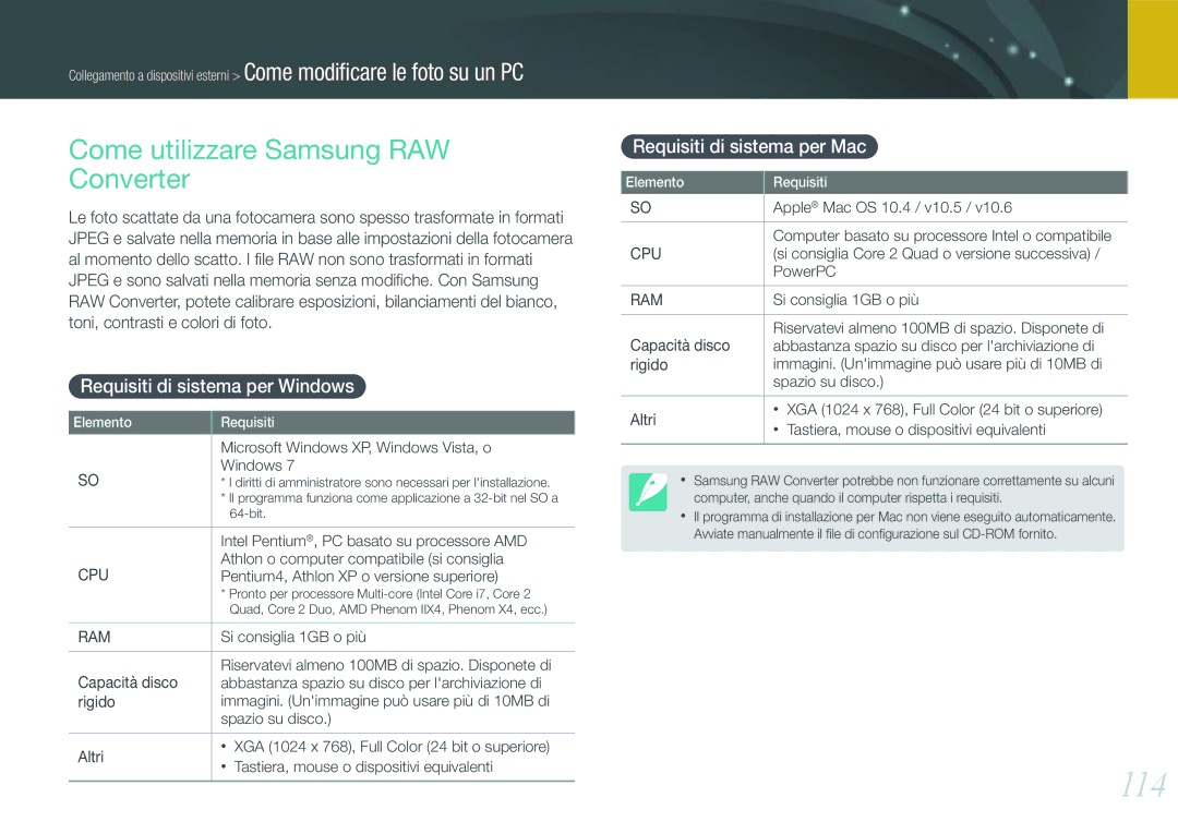 Samsung EV-NX11ZZBABIT manual 114, Come utilizzare Samsung RAW Converter, Requisiti di sistema per Windows 