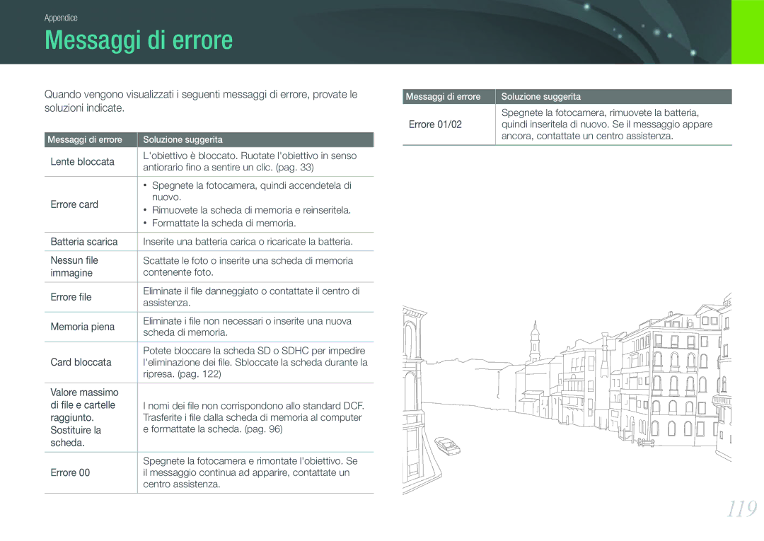 Samsung EV-NX11ZZBABIT manual Messaggi di errore, 119 