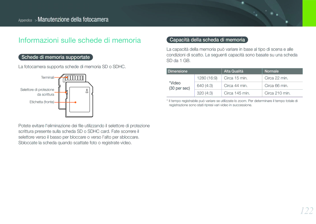 Samsung EV-NX11ZZBABIT manual 122, Informazioni sulle schede di memoria, Schede di memoria supportate, Video Per sec 