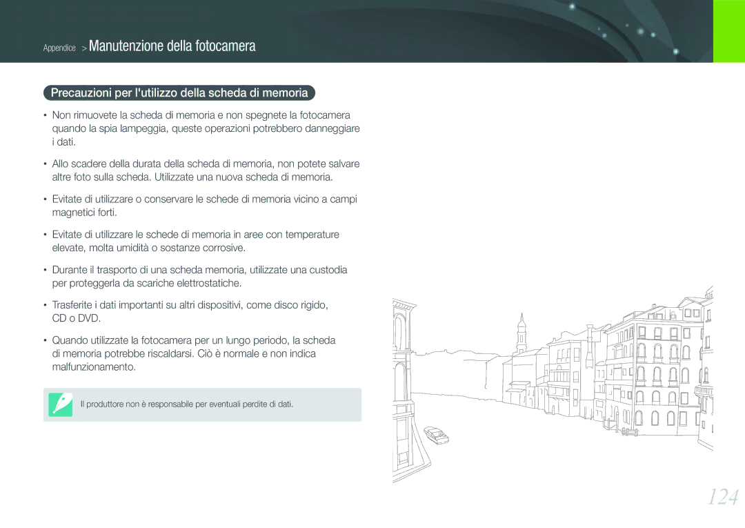 Samsung EV-NX11ZZBABIT manual 124, Precauzioni per lutilizzo della scheda di memoria 