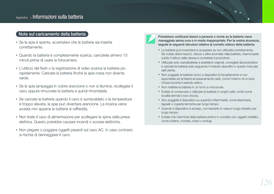 Samsung EV-NX11ZZBABIT manual 126, Appendice Informazioni sulla batteria 