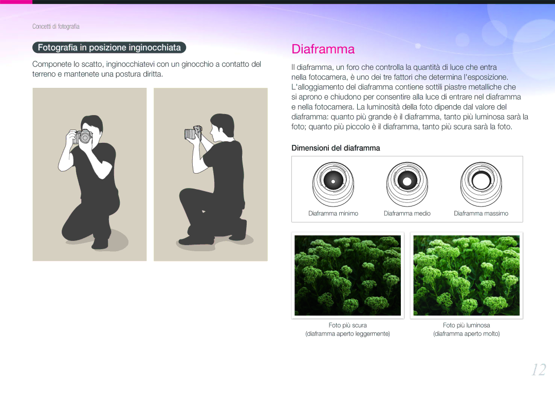 Samsung EV-NX11ZZBABIT manual Diaframma, Fotograﬁa in posizione inginocchiata 