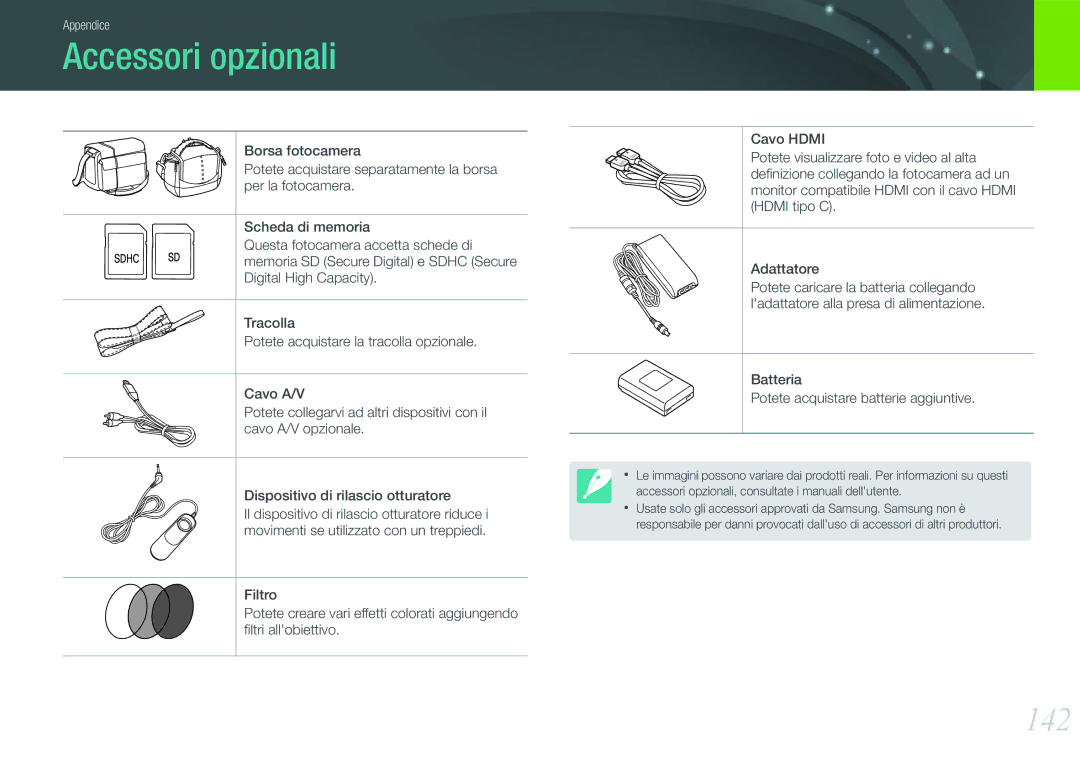 Samsung EV-NX11ZZBABIT manual 142, Batteria Potete acquistare batterie aggiuntive 