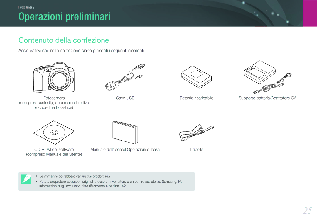 Samsung EV-NX11ZZBABIT manual Operazioni preliminari, Contenuto della confezione, Cavo USB Batteria ricaricabile 