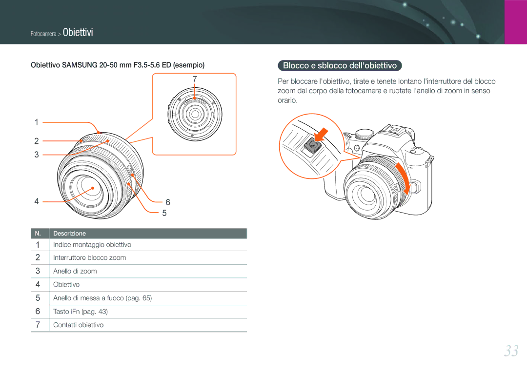 Samsung EV-NX11ZZBABIT manual Blocco e sblocco dellobiettivo, Obiettivo Samsung 20-50 mm F3.5-5.6 ED esempio 