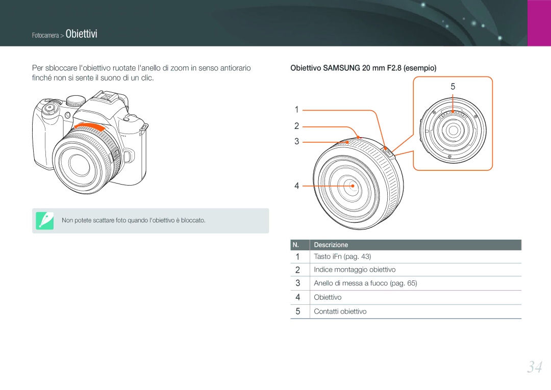 Samsung EV-NX11ZZBABIT manual ﬁnché non si sente il suono di un clic, Obiettivo Samsung 20 mm F2.8 esempio 