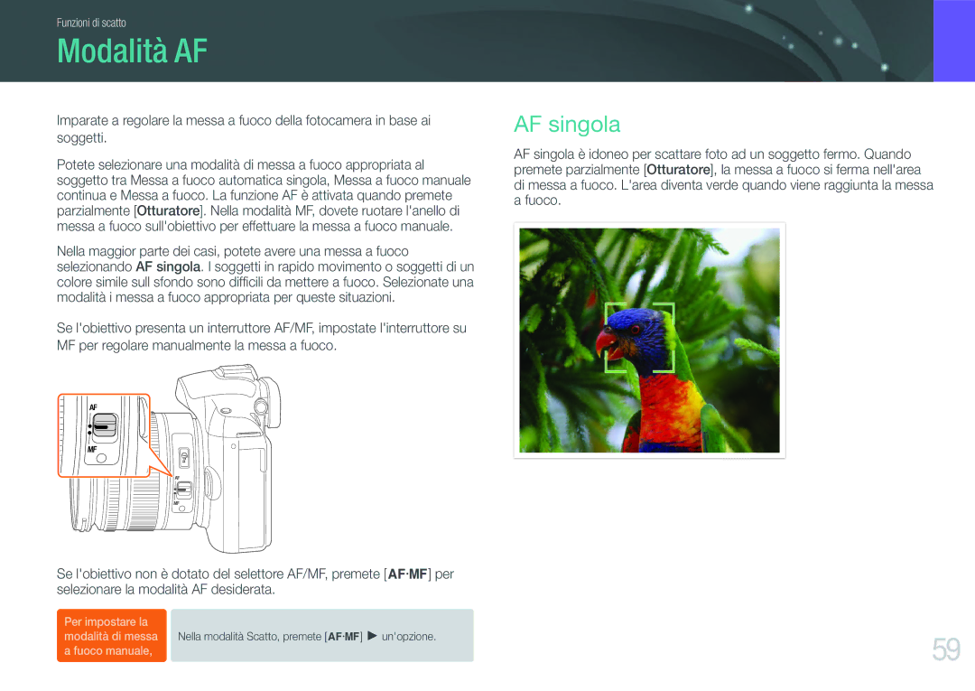 Samsung EV-NX11ZZBABIT manual Modalità AF, AF singola 