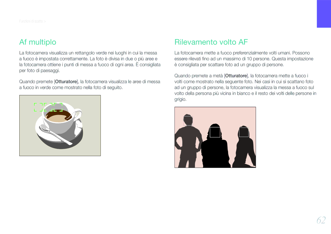 Samsung EV-NX11ZZBABIT manual Af multiplo, Rilevamento volto AF 