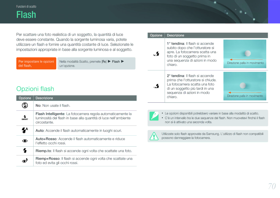Samsung EV-NX11ZZBABIT manual Flash, Opzioni ﬂash, Chiaro 
