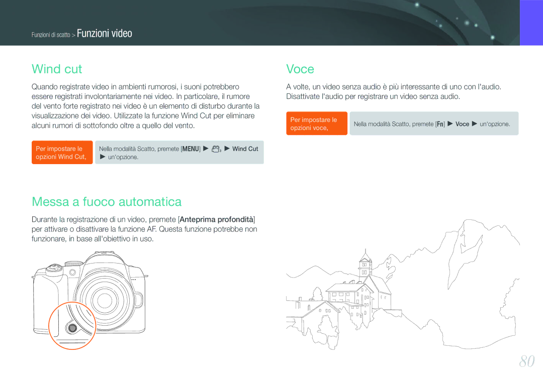 Samsung EV-NX11ZZBABIT manual Wind cut, Messa a fuoco automatica, Voce 