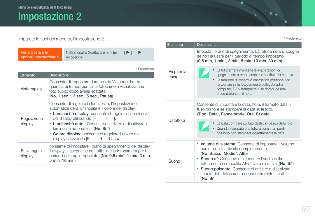 Samsung EV-NX11ZZBABIT manual Consente di impostare durata della Vista rapida la, Min, 10 min, Risparmia, Energia, Data&ora 