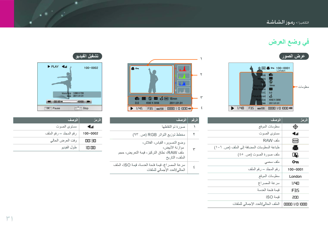 Samsung EV-NX11ZZBABME, EV-NX11ZZBABIL, EV-NX11ZZBBBSA, EV-NX11ZZBABIR ضرعلا عضو يف, ويديفلا ليغشت, روصلا ضرع, فصولا مقرلا 