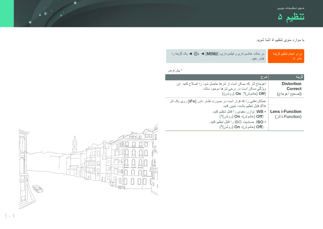 Samsung EV-NX11ZZBBBSA, EV-NX11ZZBABME, EV-NX11ZZBABIL, EV-NX11ZZBABIR manual 101, Distortion, Correct, Lens i-Function 