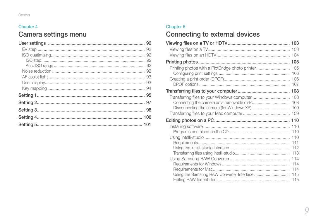 Samsung EV-NX11ZZBABVN, EV-NX11ZZBCBDE, EV-NX11ZZBABUS, EV-NX11ZZBABDE, EV-NX11ZZBABFR, EV-NX11ZZBABIT Camera settings menu 