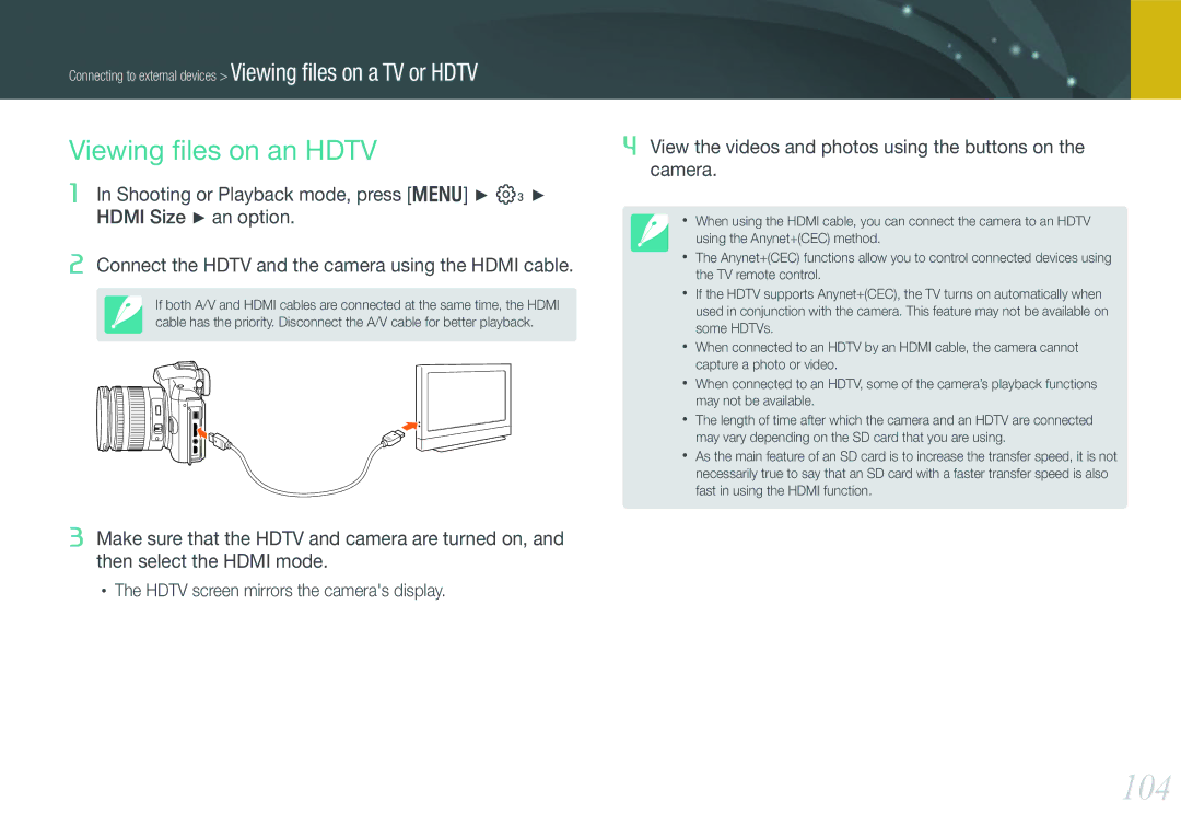 Samsung EV-NX11ZZBABCZ, EV-NX11ZZBCBDE, EV-NX11ZZBABUS, EV-NX11ZZBABDE, EV-NX11ZZBABFR manual 104, Viewing ﬁles on an Hdtv 