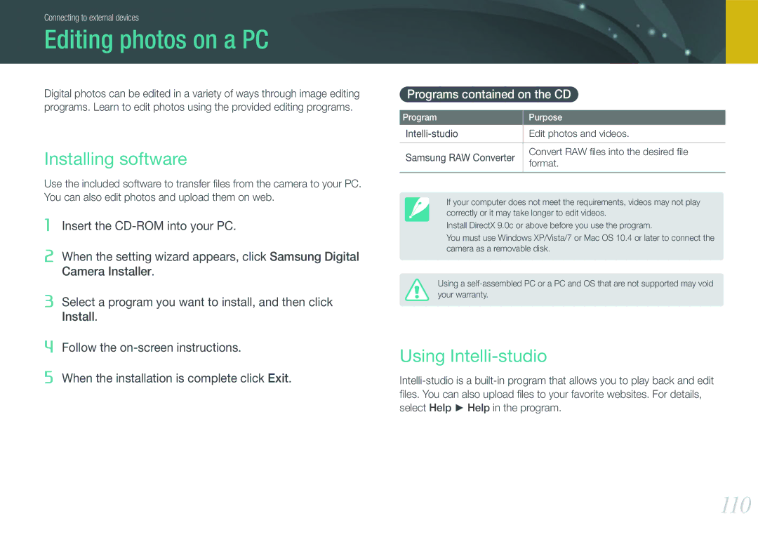 Samsung EV-NX11ZZBBBRU, EV-NX11ZZBCBDE, EV-NX11ZZAAB Editing photos on a PC, 110, Installing software, Using Intelli-studio 