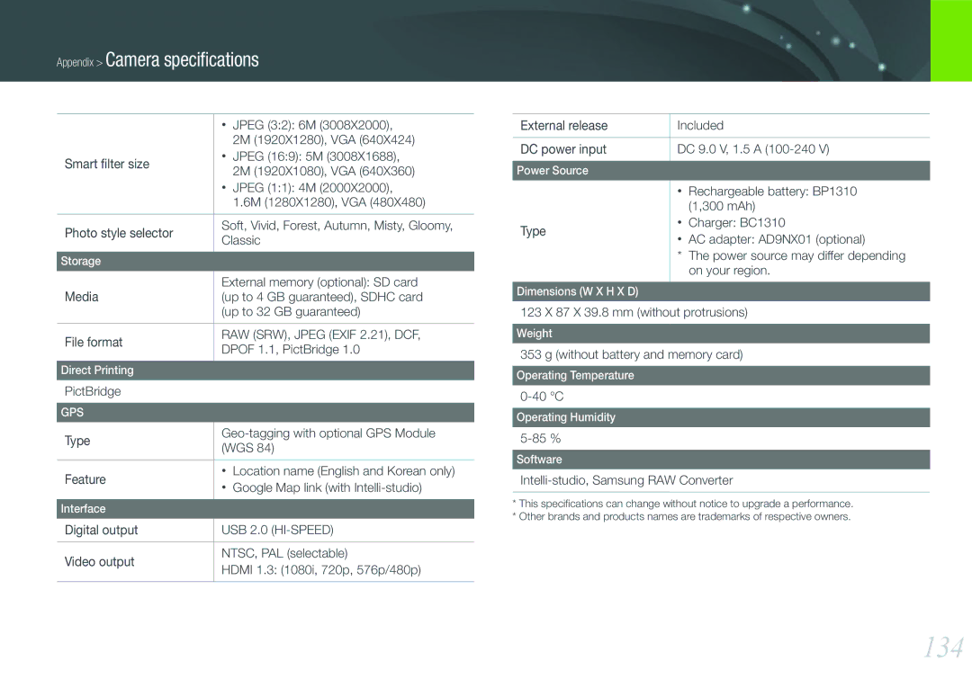 Samsung EV-NX11ZZBABRU, EV-NX11ZZBCBDE, EV-NX11ZZBABUS, EV-NX11ZZBABDE, EV-NX11ZZBABFR, EV-NX11ZZBABIT, EV-NX11ZZBABES manual 134 