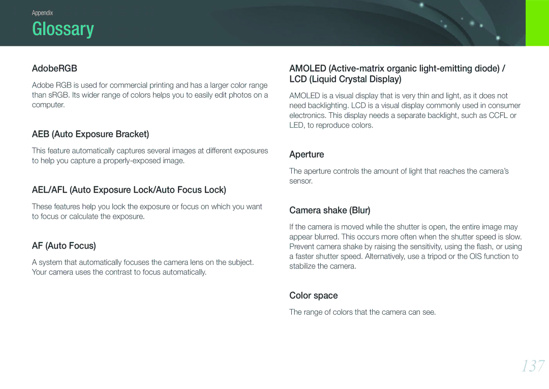 Samsung EV-NX11ZZBCBDE, EV-NX11ZZBABUS, EV-NX11ZZBABDE, EV-NX11ZZBABFR, EV-NX11ZZBABIT, EV-NX11ZZBABES manual Glossary, 137 