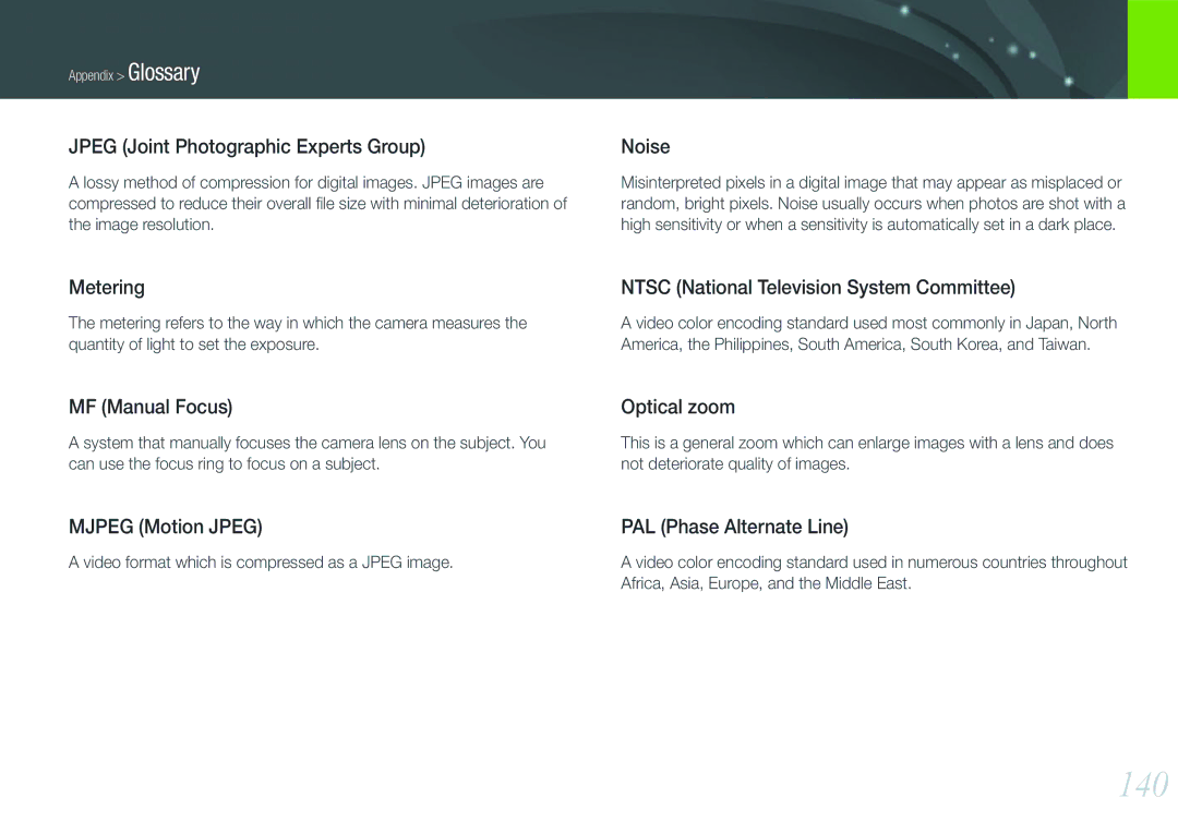 Samsung EV-NX11ZZBABFR, EV-NX11ZZBCBDE, EV-NX11ZZBABUS, EV-NX11ZZBABDE manual 140, Jpeg Joint Photographic Experts Group 