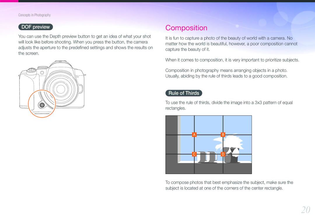 Samsung EV-NX11ZZBCBRU, EV-NX11ZZBCBDE, EV-NX11ZZBABUS, EV-NX11ZZBABDE, EV-NX11ZZBABFR manual DOF preview, Rule of Thirds 