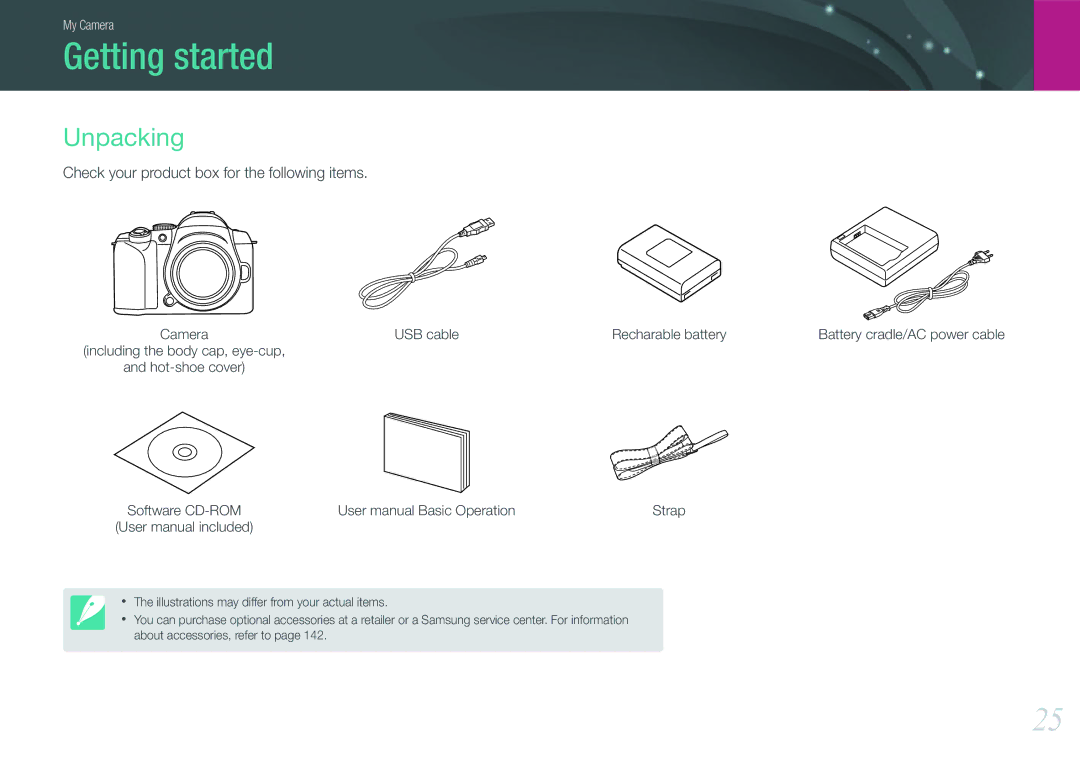 Samsung EV-NX11ZZBABFR, EV-NX11ZZBCBDE, EV-NX11ZZBABUS manual Getting started, Unpacking, USB cable Recharable battery 